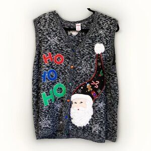 Holiday Time Women Sweater Vest Size 1X Black White 3D Santa Christmas Holiday